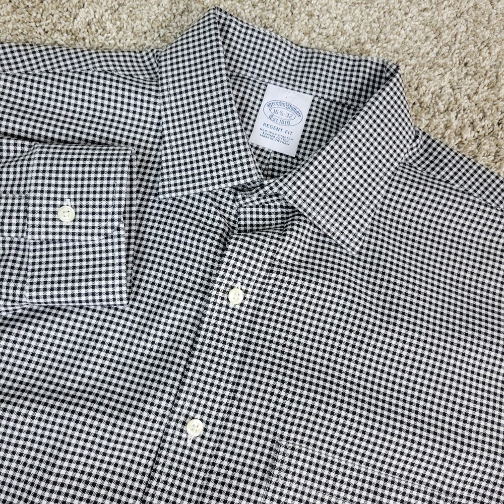 Brooks Brothers Regent Fit Mens 16.5-32 Black White Gingham‎ Check Button Up SS